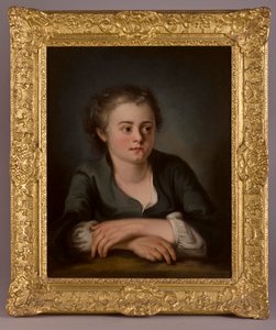 Portret van een jong meisje, gekleed in een groene jurk en witte chemise, zittend voor een tafel door French School