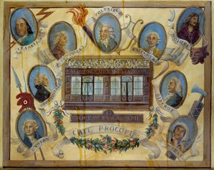 Portret van historische figuren en uitzicht op het Parijse café Le Procope: Benjamin Franklin, Jean Jacques Rousseau, Voltaire, Jean D