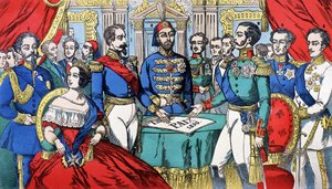 Portret van de soevereinen van Europa tijdens het Vredesverdrag in 1856: van links naar rechts, Victor Emmanuel II, koning van Sardinië, Victoria, koningin van Engeland, Napoleon III, Turkse keizer, Alexander II, koning van Rusland door French School