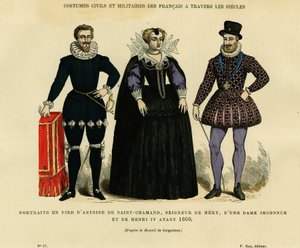 Portretten voor 1600, van Antoine de Saint Chamand, heer van Mery sur Oise, en van de koning van Frankrijk Hendrik IV (1553-1610), omringd door een onbekende vrouw. Kleurgravure naar de tekening van Gaignieres, in 