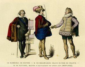 Portretten van de maarschalk van Souvre (overleden 1626), van Roger de Saint Lary, hertog van Bellegarde (1562-1646), Groot Ecuyer van Frankrijk en Antoine de Pluvinel (1556-1605), Meester van Paardrijden van Lodewijk XIII (1610-1643). Kleurgravure, in 