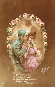 Ansichtkaart met een Franse soldaat en zijn geliefde, 1914-18 (gekleurde foto)