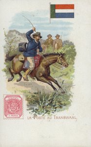 Ansichtkaart met een postbode te paard in de Transvaal door French School