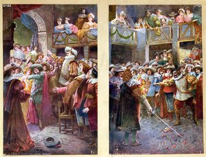 Ansichtkaarten met Cyrano de Bergerac en het duel in het Hotel de Bourgogne, ca. 1900 door French School