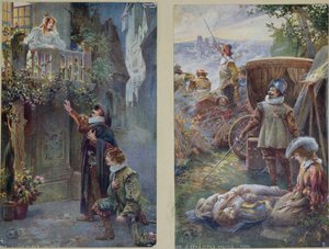 Ansichtkaarten met Cyrano de Bergerac, Roxanne en de dood van Christian, ca. 1900