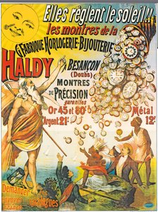 Poster die Horlogerie-Bijouterie Haldy adverteert, voor 1890