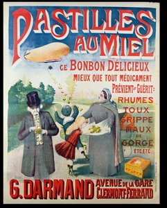 Poster die Pastilles au Miel, honingpastilles, gemaakt door G. Darmand adverteert