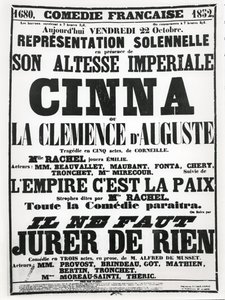 Poster die een voorstelling adverteert in de Comédie-Française op 22 oktober 1852, van Corneilles tragedie, Cinna, gevolgd door een voordracht van het gedicht L