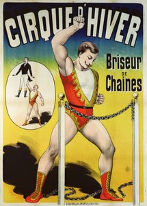 Poster die een sterke man adverteert bij het Cirque d