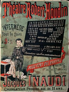 Poster die een optreden van Jacques Inaudi (1867-1939) aankondigt in het Theatre Robert Houdin, Parijs, 1878