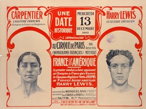 Poster die de bokswedstrijd tussen Carpentier en Harry Lewis, 1911 aankondigt