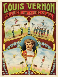 Poster die koorddansvoorstellingen door Louis Vernon adverteert