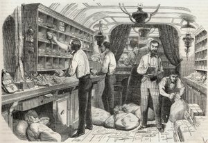 Post: interieur van het rijdende kantoor - Gravure in 