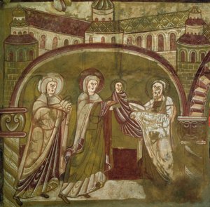 Presentatie van Jezus in de Tempel. Fresco van de kerk van Vic sur Cere (Cantal). 12e eeuw. Parijs, Museum van Monumenten