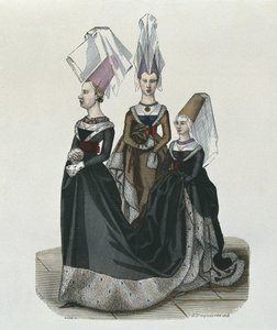 Prinses en hofdames in 1470, gegraveerd door Gautier door French School