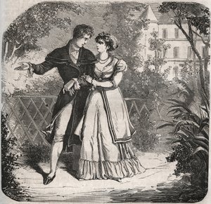 Prinses van Wales Carolina van Brunswick (1768-1821) wandelend met haar minnaar, Bartolomeo Bergami. Gravure uit 1871 in 