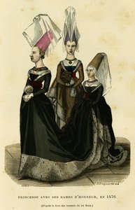 Prinses met haar hofdames, rond 1470. Kleurgravure naar het boek van de toernooien van koning René, in 