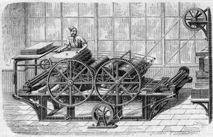 Druk van een krant: mechanische pers voor het drukken van afdrukken door French School
