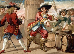 Kaper Jean Bart (1650-1702) bedreigde een Engelse kaper die hem gevangen nam door hem te bedreigen zijn schip op te blazen door een vat buskruit in brand te steken. Chromolithografie uit het einde van de 19e eeuw. door French School