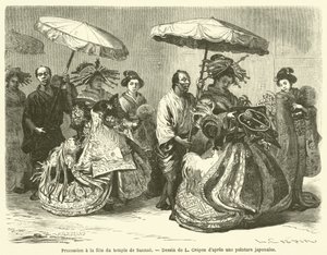 Processie op het tempelfeest van Sannoo (gravure)