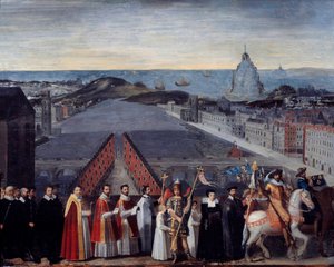 Processie van de Parijse jam van de pelgrims van Saint Michel du Mont sur le Pont Neuf door French School
