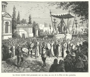 Processie van de wagen van de Romeinse godin Cybele, voorafgegaan door fluitspelers en cimbalen spelers