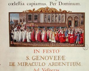 Processie van het relikwie van St. Genevieve, uit een manuscript voor een mis gewijd aan St. Genevieve door French School