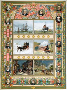Vooruitgang tijdens het bewind van Koningin Victoria (1819-1901). Zeilschepen, stoomschepen, stoomtrein en gas- en elektrische straatverlichting, 1887 door French School