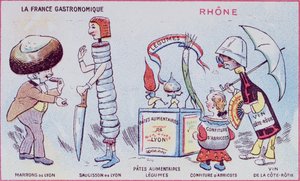 Promotie- en educatieve kaart voor kinderen met voedsel specialiteiten van de Rhone regio, ca.1900