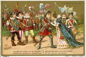 Promotiekaart voor het Parijse warenhuis Au Bon Marché, met een van de populairste volks- en kinderliedjes in de Franse taal, Marlbrough sen va-t-en guerre (Marlborough is vertrokken)