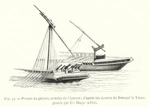 Boegen van galeien, bewapend met de ram; naar de tekeningen van Breugel de Oude, gegraveerd door Fr Huys door French School