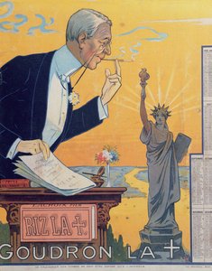 Publiciteitskalender voor de sigarettenpapierfabrikant Rizla, met president Woodrow Wilson (1856-1924) en het 15e voorstel voor de Volkenbond, 1920 door French School