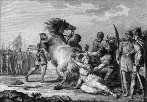 Straf van Brunehaut, 613: Brunehaut of Brunehilde (543-613), koningin van Austrasië, is vastgebonden aan de staart van een ontembaar paard voordat ze op de grond werd gesleept. Gravure uit de 18e eeuw.