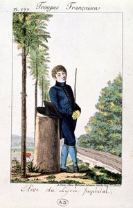 Leerling van het Lycée Impérial in Parijs leunend tegen een boom, plaat 177 uit Troupes Françaises, ca.1805-10