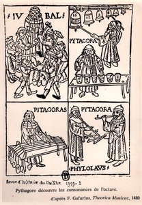 Pythagoras (ca. 580-500 v.Chr.) ontdekt de consonanties van het octaaf, uit Theorica Musicae door Franchino Gaffurio, voor het eerst gepubliceerd in 1480, uit Revue de l