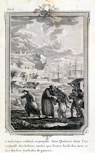 Quaker missionarissen proberen de indianen van Amerika te evangeliseren - gravure door French School