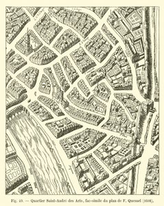 Wijk Saint-Andre des Arts, facsimile van het plan van F Quesnel, 1608 door French School