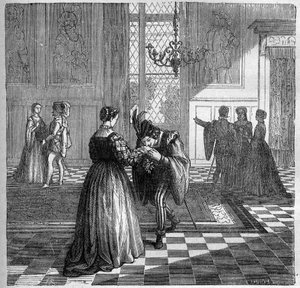 Koningin Margarita van Navarra (1492-1549) ontmoet Pomini. door French School