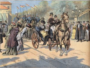 Koningin Marie Christine de Teschen (1858-1929) begroet de koninginnen van de Parijse markten, uit de krant "Le Petit Parisien" door French School