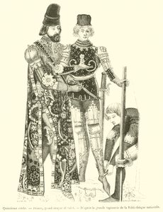 Vijftiende eeuw, Prins, groot ruiter en knecht (gravure) door French School