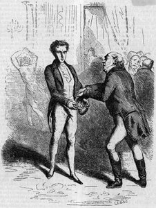 Rastignac duizelig laat de grijsharige man tien louis nemen. Gravure midden 19e eeuw. Illustratie voor 
