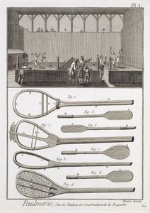 Real tennis en de constructie van rackets, uit de Encyclopedie door Denis Diderot (1713-84), gegraveerd door Robert Benard (b.1734), gepubliceerd c.1770 door French School