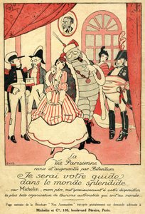 Recall 1914 voor de Michelin-band. La Vie Parisienne gerecenseerd en aangevuld door Bibendum: "Ik zal uw gids zijn in de schitterende wereld, want Michelin mijn vader geeft u de mooiste organisatie voor autotoerisme ter wereld". Aan de muur een lijst met door French School