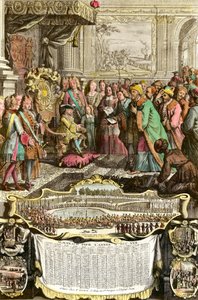 Ontvangst van Mehemet Effendi, Turkse ambassadeur van de grote Sultan Achmet door Lodewijk XV op 21 maart 1721 in de Tuileries. Gravure uit de 18e eeuw. Privécollectie