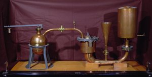 Reconstructie van een stoomdrukmachine uitgevonden door Denis Papin