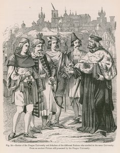 Rector van de Universiteit van Praag en geleerden van de verschillende naties die aan dezelfde universiteit studeerden (gravure) door French School