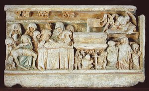 Reliëf dat scènes uit de Passie van Christus toont: Pieta, de graflegging en de heilige vrouwen bij het graf door French School