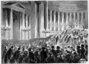 Religieuze ceremonie, Parijs, Kerstmis 1857: viering van de middernachtmis in de kerk van de Madeleine. Gravure in "Le Monde Illustré" nr. 38 van 2 januari door French School