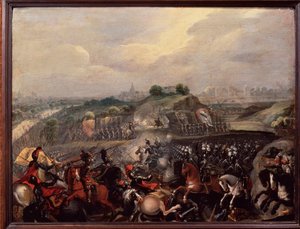 Religieuze oorlogen: koning Hendrik IV bij de Slag bij Ivry op 14/03/1590 door French School