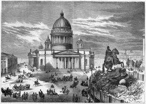 Religieuze architectuur: uitzicht op de Orthodoxe Kerk van Sint Isaac (1819-1858) in Sint-Petersburg (Sint-Petersburg) in Rusland, gebouwd volgens de plannen van architect Ricard de Montferrand (1786-1858). Rechts staat het ruiterstandbeeld van Peter de Gr